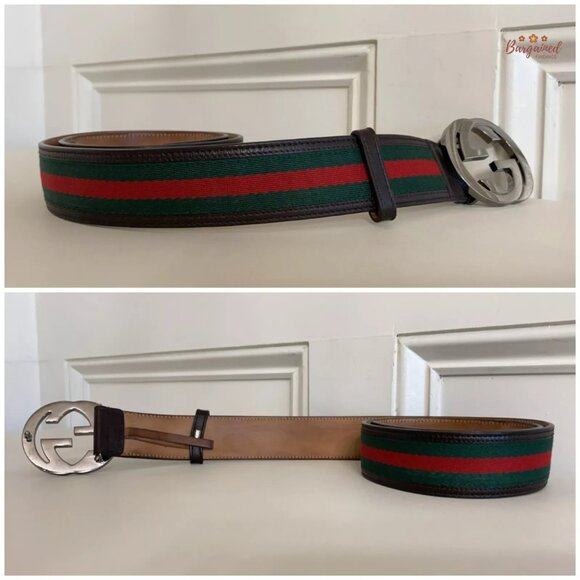 Authentic Gucci Web Canvas Brown Leather Silver Interlocking G Buckle Belt 85/34 - Picture 10 of 12